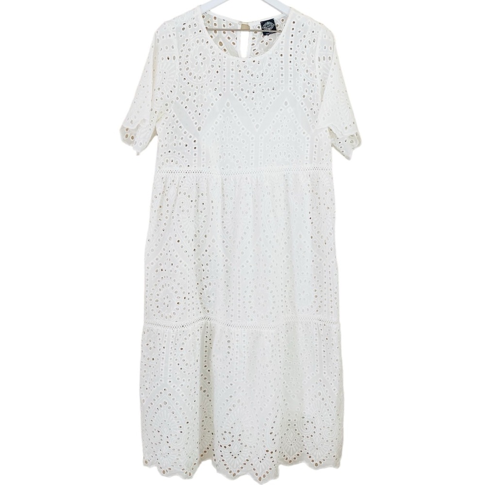 Cal Style NWT 100% Cotton Crisp White Eyelet Tiered‎ Scallop Trim Dress Large - Picture 2 of 7